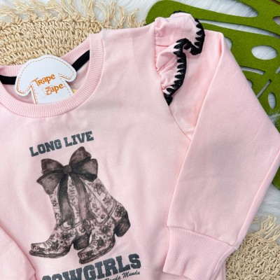 Conj. Blusão de Moletom Cowgirls e Short de Veludo com Laço - Rosa e Preto